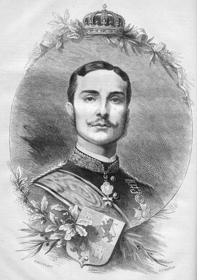 Porträtt av Alfonso XII (Alfonso) (1857-1885), kung av Spanien. Gravyr i "" Le Monde Illustré"" nr 1085 av 19 januari 1878. av French School