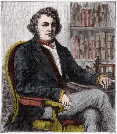 Porträtt av Andre Marie Ampere (1775-1836) fransk fysiker - Andre-Marie Ampere (1775-1836), fransk fysiker och pionjär inom elektrodynamiken - Gravyr i "" Sciences mise à la range de tous - physics et chimie populaires"" av Alexis Cleric - Slutet av 1800-t av French School