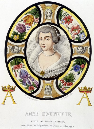 Porträtt av Anne av Österrike, drottning av Frankrike (1601-1666). Faksimil av ett målat glas från medeltiden i "Histoire de la peinture sur verre"" av Ferdinand de Lasteyrie av French School
