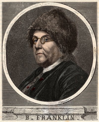 Porträtt av BENJAMIN FRANKLIN (1706-1790) Amerikansk tryckare, förläggare, vetenskapsman, uppfinnare, statsman och diplomat - Porträtt av Benjamin Franklin (1706-1790), amerikansk fysiker, filosof och politiker - Gravyr i "" Vetenskaper som nåtts o av French School