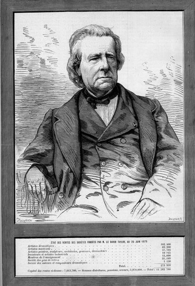 Porträtt av Baron Taylor (Isidore Justin Severin Taylor, dit) (1789-1879), fransk dramatiker och filantrop. Gravyr i "" Le Monde Illustré"" nr 1172 av 13 september 1879. av French School
