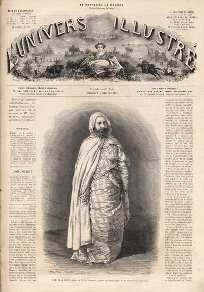 Porträtt av Ben Mahi Ed Din Abd El Kader (1808-1883), Amir av Mascara, militär och religiös ledare. av French School