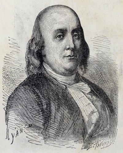 Porträtt av Benjamin Franklin (1706 - 1790), amerikansk politiker, memorialist, broschyr och fysiker - i "" Album of Science; berömda forskare; Stora upptäckter””” 1896. av French School
