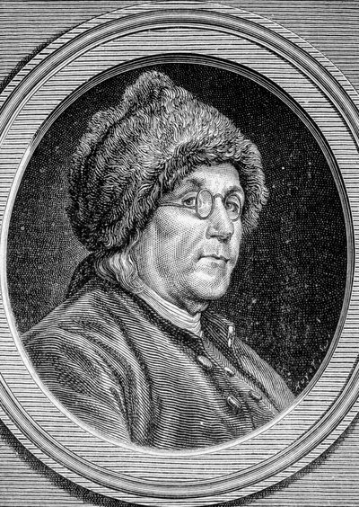 Porträtt av Benjamin Franklin (1706 - 1790), politiker, minnesman, broschyr och amerikansk fysiker - i "" Album de la Science; berömda forskare; Stora upptäckter””” 1896. av French School