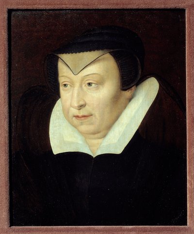 Porträtt av Catherine de Medicis (Caterina de Medici) (1519-1589), Frankrikes drottning Målning av den franska skolan. Chantilly från 1500-talet, Musee Conde av French School