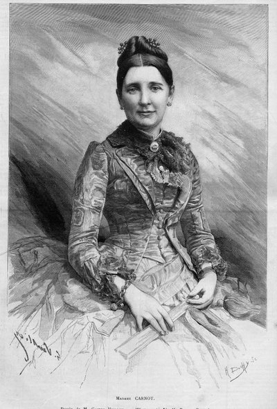 Porträtt av Cecile Carnot (nee Dupont-White eller Dupont White) (1841-1898), fru till Sadi Carnot, Frankrikes president. Gravyr i "" Le Monde Illustré"" nr 1678 av 25 maj 1889. av French School