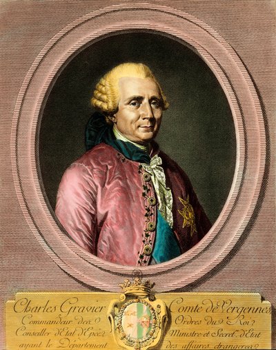 Porträtt av Charles Gravier, greve av Vergennes (1719 - 1787). Gravyr av 1700-talet. Privat samling. av French School