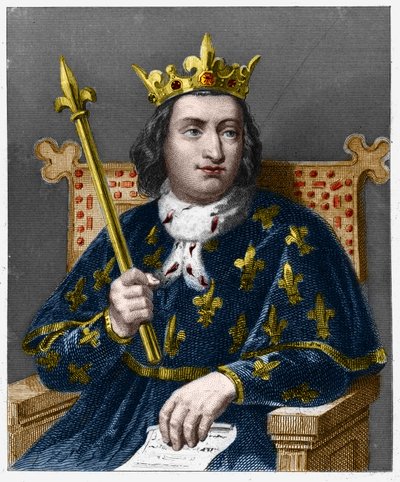 Porträtt av Karl V den vise (1338 - 1380), kung av Frankrike - i "" Histoire des Francais"" av Lavallee, gravyr, sd. av French School