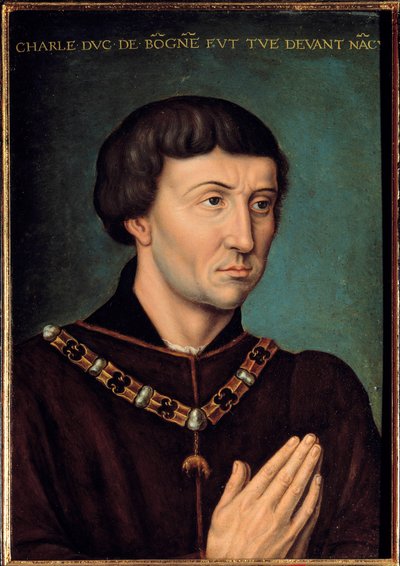 Porträtt av Karl Temeraire (1433-1477) Hertig av Bourgogne 1467 Målning av den franska skolan. 1475 Sön. 0,42x0,3 m. av French School