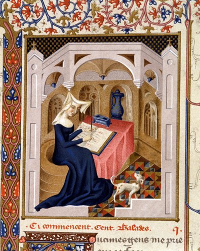 Porträtt av Christine de Pisan (eller Pisan) skriver - Miniatyr av French School