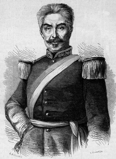 Porträtt av Don Miguel San Roman (1803-1863), Perus president. Gravyr i "" Le Monde Illustré"" nr 320 av 30 maj 1863. av French School