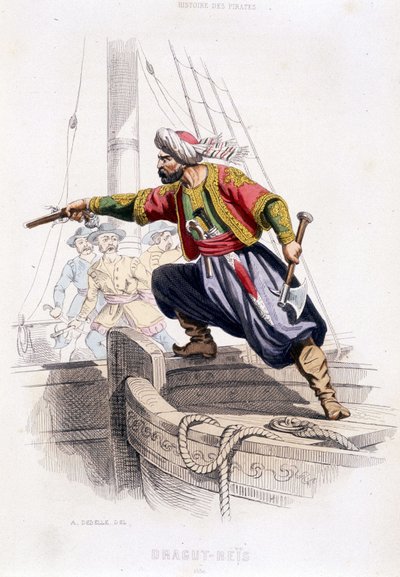 Porträtt av Dragut - Reïs, turkisk pirat från 1500-talet - i ""History of pirates and corsairs of the Ocean and the Mediterranean"" av P. Christian, Paris, D. Cavaillés ed., Tome 1 av French School