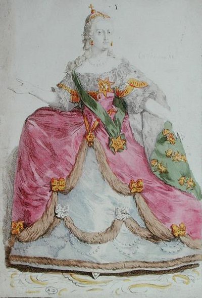 Porträtt av kejsarinnan Katarina II (1729-96) den stora av Ryssland, sent 1700-tal (färgad gravyr) av French School