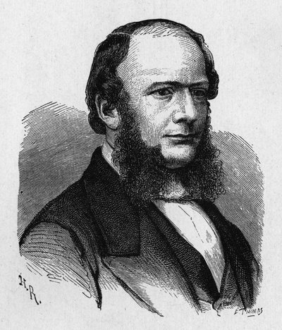 Porträtt av Ernest Werner von Siemens (1816 - 1892), tysk ingenjör och industriman, grundare av företaget som skapade den första stora europeiska telegraflinjen... - i "" Album of Science; berömda vetenskapsmän; Stora upptäckter””” 1896. av French School