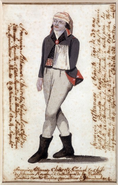 Porträtt av Francois Athanase (Francois-Athanase) från Charette de la Contrie (1763-1796), arm i en halsduk, royalistisk ledare för Vendée - Musee Dobree, Nantes av French School