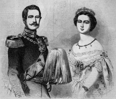 Porträtt av Frederic Guilllaume av Preussen (1831-1888, framtida Fredrik III, kung av Preussen och tysk kejsare) och hans fästmö, prinsessan Victoria av England (1840-1901). Gravyr i "" Le Monde Illustré"" nr 41 av 23 januari 1858. av French School