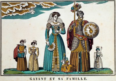 Porträtt av Gayant, en jätte som symboliserar staden Douai, visar med sin familj: hans fru, Marie Cagenon, och hans tre barn, Jacquot, Fillon och Binbin. 1700-talsgravyr, bildspråk av Belfort. Ferrand samling av French School
