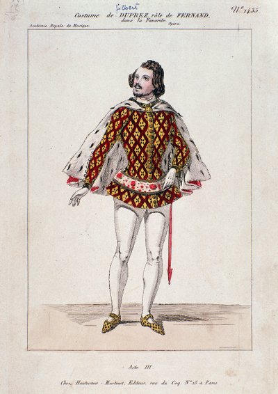 Porträtt av Gilbert Duprez, fransk tenor och kompositör i "La Favorite" av Gaetano Donizetti (färgad gravyr) av French School