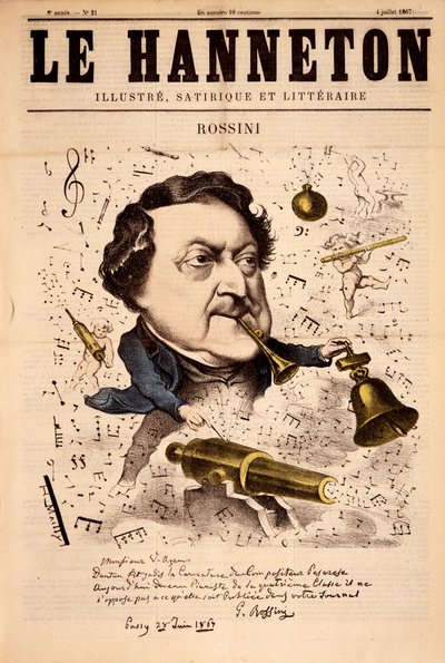 Porträtt av Gioacchino Rossini (1792-1868) - i "" Le Hanneton"" av 1867-07-04 av French School