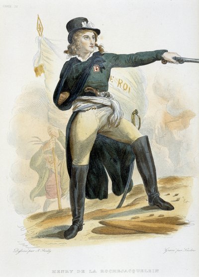 Porträtt av Henri du Vergier, greve av La Rochejaquelein (eller Orchard of La Rochejacquelein) (1772-1794) med flaggan "live le roi" (på bröstet Vendeens insignier) - i "Le Plutarque Français" "" av Mennechet, band 8 1841 av French School