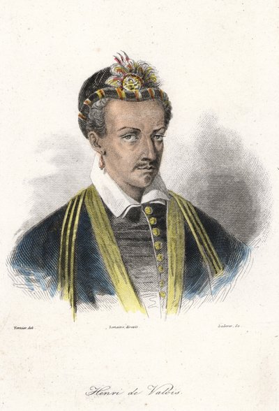 Porträtt av Henrik III (1551 - 1589), kung av Frankrike. (med ett örhänge). Gravyr 1800-talet. av French School