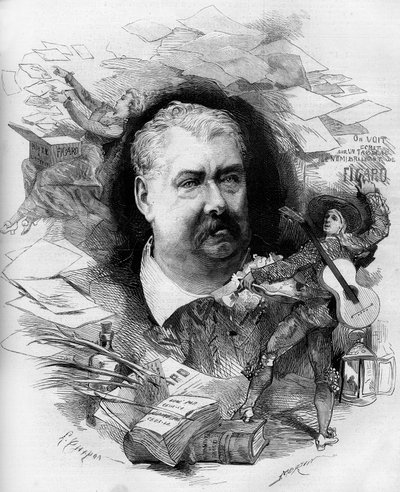 Porträtt av Hippolyte de Villemessant (1810-1879), fransk journalist, grundare av "Figaro". Gravyr i "" Le Monde Illustré"" nr 1151 av 19 april 1879. av French School