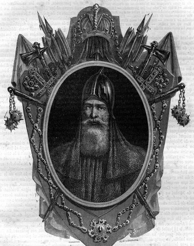 Porträtt av Igor, hertig av ryssarna, varegue-prins, suverän över "Rus" i Kiev från 912 till 945. Gravyr i "Histoire des Papes-Rois-Queen and Empereurs a travers les centuries" av Maurice Lachatre av French School