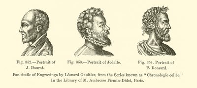 Porträtt av J. Daurat, Porträtt av Jodelle, Porträtt av P. Ronsard (gravyr) av French School