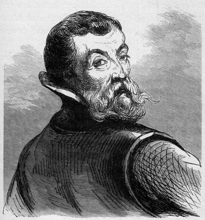 Porträtt av Jacques Cartier (1491-1557). Fransk navigatör och upptäcktsresande. Gravyr i "La Marine et les colonies: handel" av French School