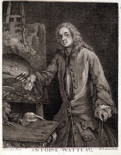 Porträtt av Jean Antoine Watteau (1684-1721), fransk målare - gravyr av French School