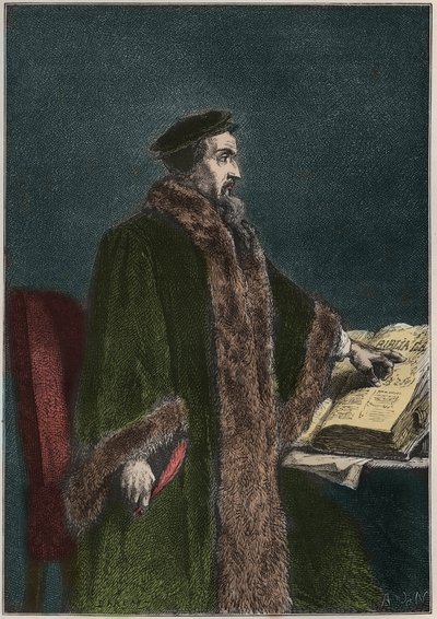 Porträtt av Jean Calvin (Jean Cauvin) (1509-1564), fransk religiös reformator och författare - John Calvin - gravyr från "" Frankrikes historia berättad för mina barnbarn"" - av Francois Guizot - 1872-1876 av French School
