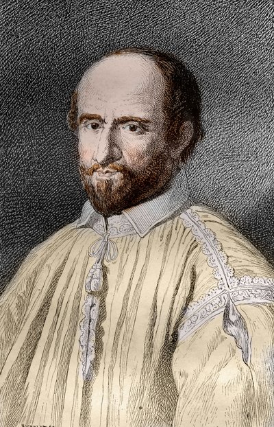 Porträtt av Jean Duvergier de Hauranne (1581-1643), Abbe av Saint-Cyran, fransk religiös och teolog Jansenist (Jean du Vergier de Hauranne, Abbe av Saint Cyran (1581-1643) Fransk munk som introducerade jansenismen i Frankrike) Gravyr från " Les mysteres av French School