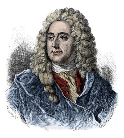 Porträtt av John Law (1671 - 1729) finanskontrollant, skotsk finansiell ansvarig för konkursen (Event of The Rue Quincampoix) - gravyr från "" L