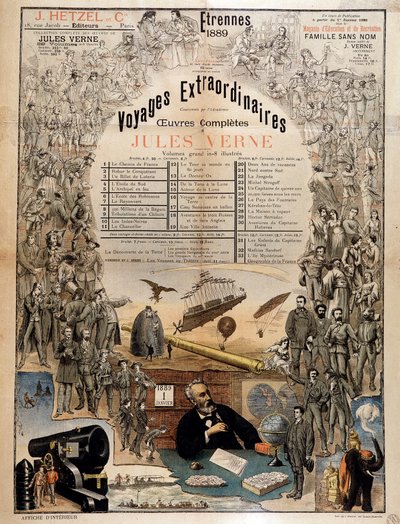 Porträtt av Jules Verne och scener ur hans verk - Reklamaffisch för hans samlade verk av French School