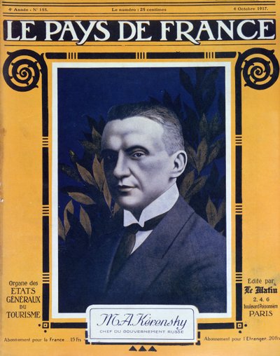 Porträtt av Kerenskij, omslag till den franska tidskriften Le Pays de France, 4 oktober 1917 av French School