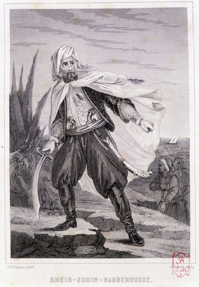 Porträtt av Kheir - Eddin - Barberousse, turkisk pirat från 1500-talet - i "" History of the pirates and the privateers of the Ocean and the Mediterranean"" av P. Christian, Paris, D. Cavaillés ed., Volym 1 av French School