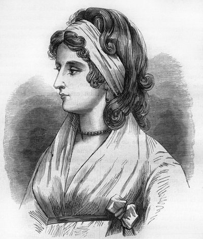 Porträtt av Lady Hamilton (Emma Lyons) (1765-1815) älskarinna till Horatio Nelson dit amiral Nelson (1758-1805). Gravyr i "Prostitutionens och utsvävningens historia bland alla världens folk från antiken till våra dagar" av Dr Th. -F. Debray av French School