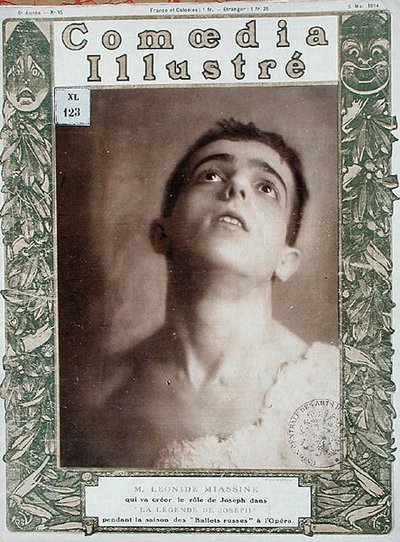 Porträtt av Leonid Massine (1895-1979), omslagsillustration från "Comedia Illustre" Magazine, 5 maj 1914 (lito i färg) av French School