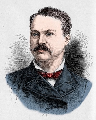 Porträtt av Louis Honore (Louis Honore) Frechette (1839-1908), kanadensisk poet och dramatiker. Gravyr av Charles Georges i "" Le Monde Illustré"" nr 1328 av den 9 september 1882. av French School