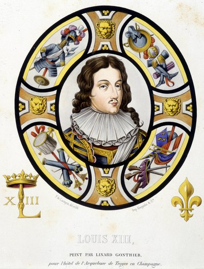 Porträtt av Ludvig XIII, kung av Frankrike (1601-1643). Faksimil av ett målat glas från medeltiden i "Histoire de la peinture sur verre"" av Ferdinand de Lasteyrie av French School