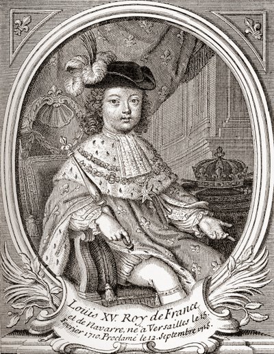 Porträtt av Ludvig XV som barn, 1710 1774. Bourbonmonark som regerade som kung av Frankrike och Navarra. Från Les Heures Libres publicerad 1908. av French School