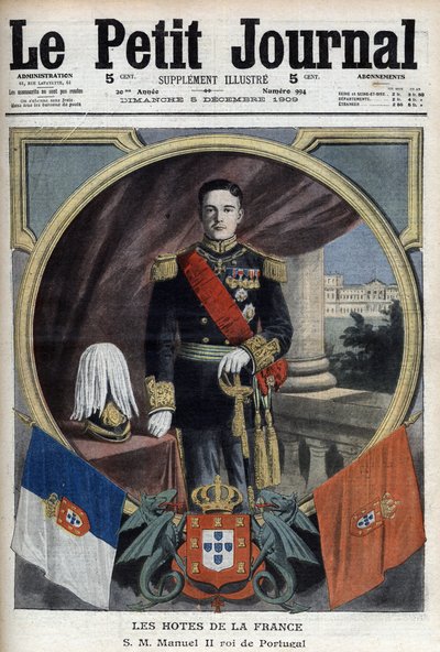 Porträtt av Manuel II kung av Portugal (1889-1932) under hans besök i Paris - "Le Petit Journal" den 5 december av French School