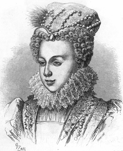 Porträtt av Margareta av Valois känd som drottningen Margot (1553-1615) Henrik IV:s fru. I "" Histoire Populaire de la France"", sd. ver1885. Gravyr. av French School