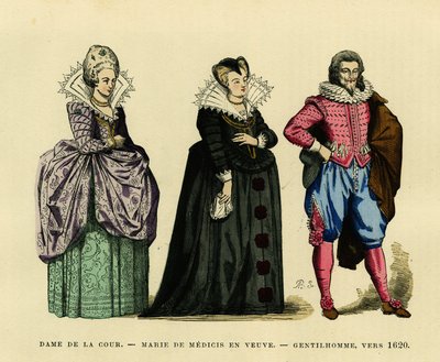 Porträtt av Marie de Medicis (1573-1642), drottning av Frankrike, i änkas vana, omgiven av en hovdam och en herre, ca 1620. Färgstick, i "France et les francais a travers les siecles"" av Augustin Challamel, F.Roy-redaktör, Paris 18 av French School