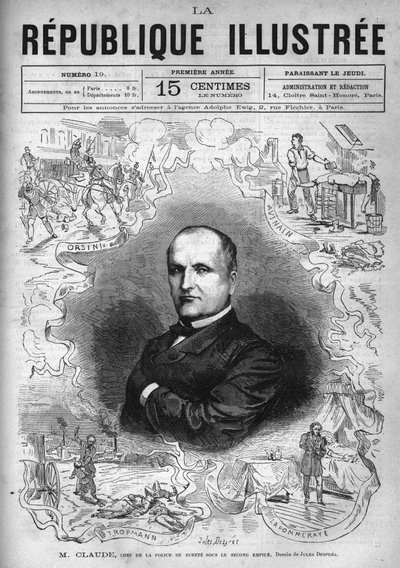 Porträtt av Monsieur Claude (Antoine Francois Claude dit) (1807-1880), fransk polis och författare, chef för säkerhetspolisen under andra imperiet. En tidning. Gravyr från 1880 i "La republique illustree"" privat samling. av French School