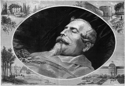 Porträtt av Napoleon III (1808-1873), på sin dödsbädd. Gravyr i "" Le Monde Illustré"" nr 824 den 25 januari av French School