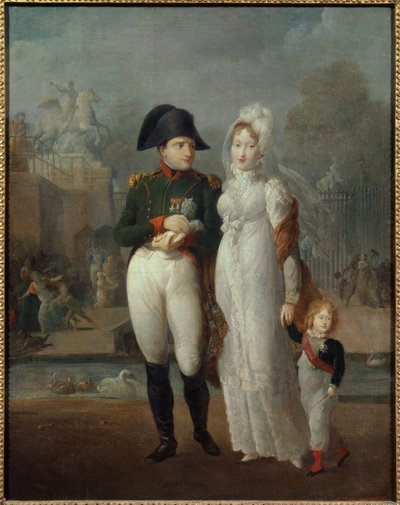 Porträtt av Napoleon I (1769-1821) och Mary Louise med deras son, kung av Rom Napoleon II, hertig av Reichstadt i Tuilerierna Anonym målning. 1800-talets privatsamling - Porträtt av Napoleon I (1769-1821) och Marie Louise med sina så av French School