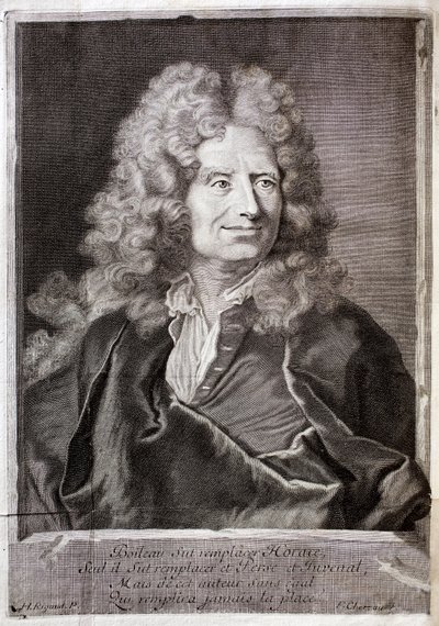 Porträtt av Nicolas Boileau, även känd som Boileau Despreaux (Boileau-Despreaux) (1636-1711) poet, författare. Gravyr för att illustrera M. Boileau Despreaux verk, med historiska belysningar, Volym 1, upplaga Fabre et Barillot av French School