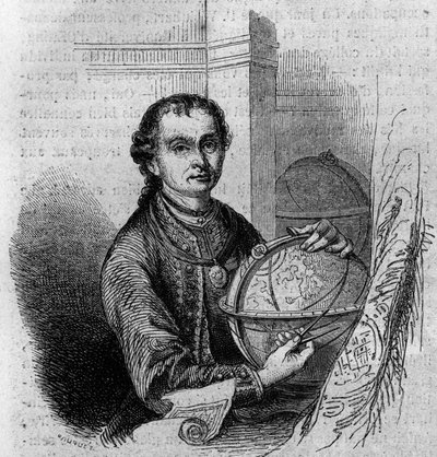 Porträtt av Pierre (Peter) Anich (1723-1766), tyrolsk astronom och kartograf, med en jordglob och en kompas. Gravyr i "" Le Magasin pittoreska"" av French School