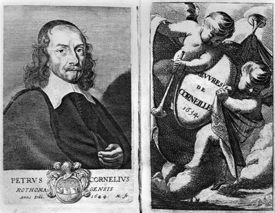Porträtt av Pierre Corneille (1606-84) 1644, frontispice för en upplaga av Oeuvres de Corneille, publicerad 1634 av French School